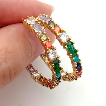 

Gold filled rainbow colorful cubic zirconia micro pave circle hoops geometric Earring