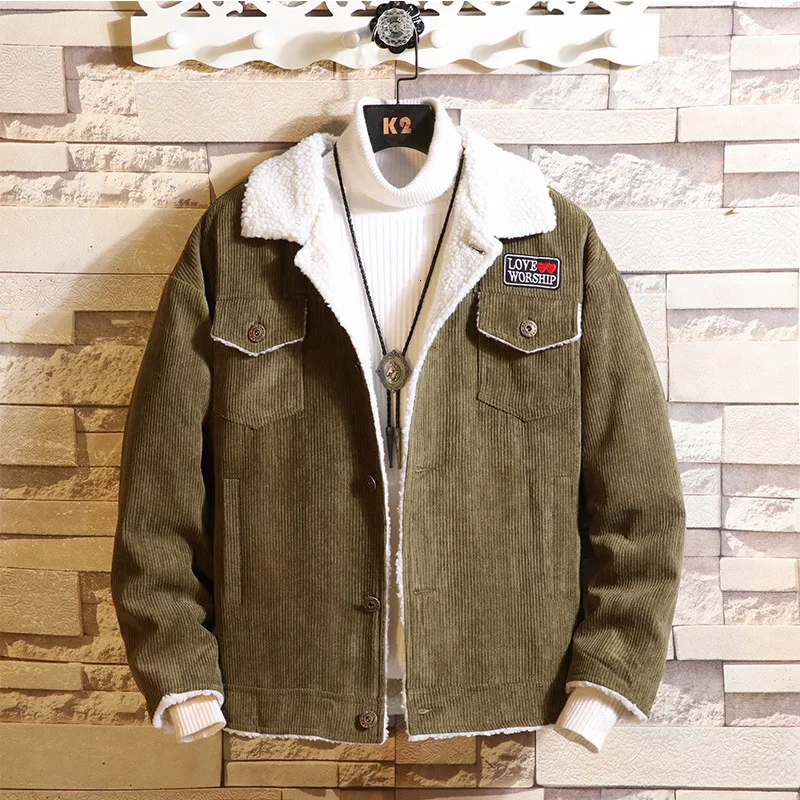 Army green Вельветовая хлопковая стеганая одежда для мужчин зимняя трендовая короткая куртка с воротником из овечьей шерсти рабочая одежда свободное Мужское пальто - Цвет: Army green