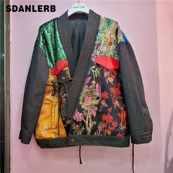 

Loose Jacket for Women 2020 Autumn New Printing Casual Loose Denim Stitching Patch Jacket Female Overcoat Outwears Retro Coats