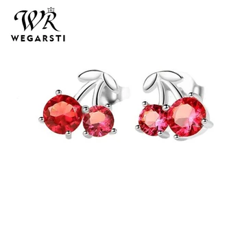 

WEGARSTI Sterling Silver Earring Created Ruby Lovely Cherry Stud Earrings For Women Birthday Gift Charms Fine Jewelry
