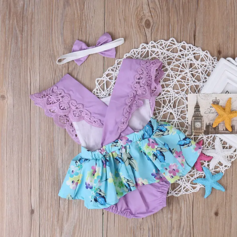 Pudcoco/летнее платье-комбинезон принцессы с цветочным рисунком Одежда для маленьких девочек комплект из 2 предметов: кружевной рукав+ повязка на голову сарафан для малышей 0-24 месяцев