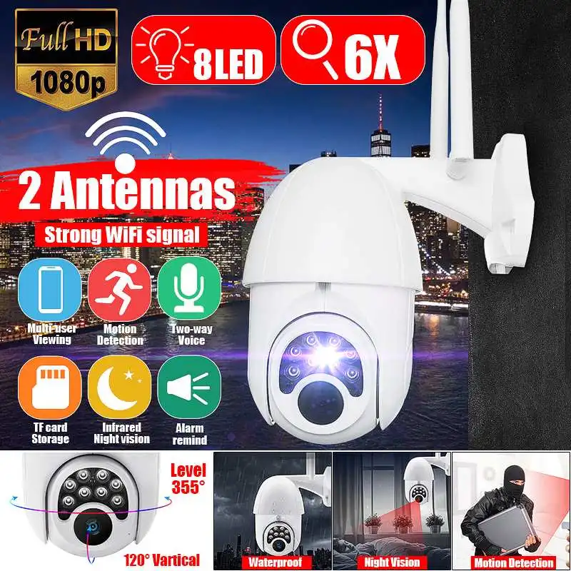 6x Zooom HD 1080P wifi IP камера 8 светодиодный наружная камера видеонаблюдения полный цвет/ночное видение/IP66 водонепроницаемый/PTZ