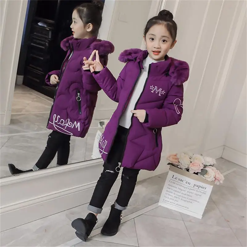 Purple Новинка года, детская зимняя куртка для девочек, детские теплые пальто с капюшоном хлопчатобумажная с мягкой набивкой парка верхняя одежда в стиле унисекс с мультяшным принтом для девочек - Цвет: Purple