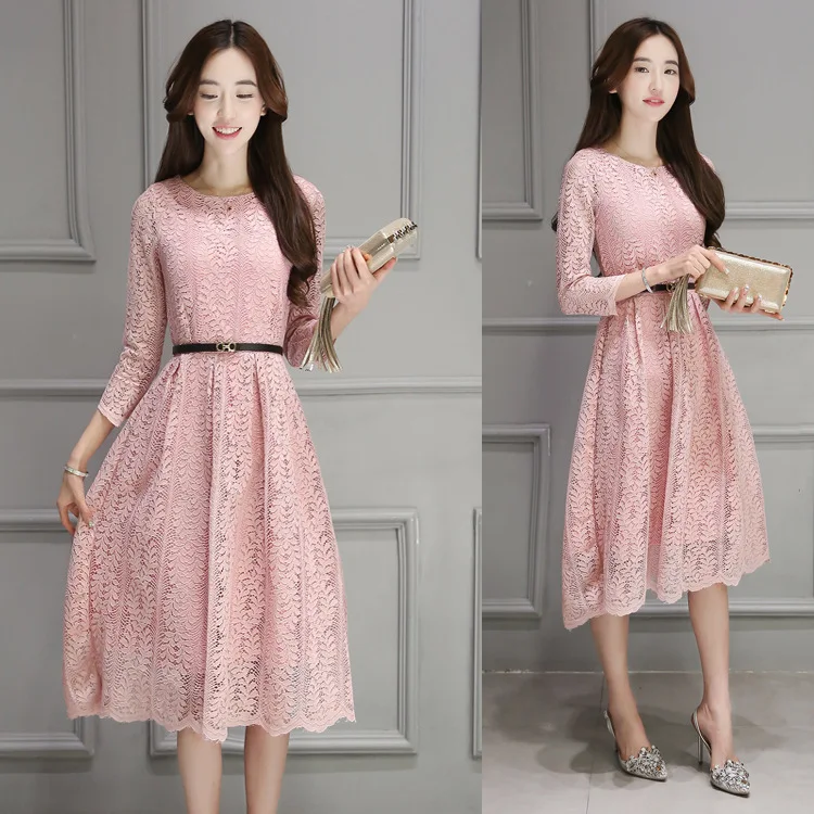 

2016 Autumn Clothing New Style Korean-style Large Size Slim Fit Slimming Mid-length Lace Three-quarter-length Sleeve Dress Women