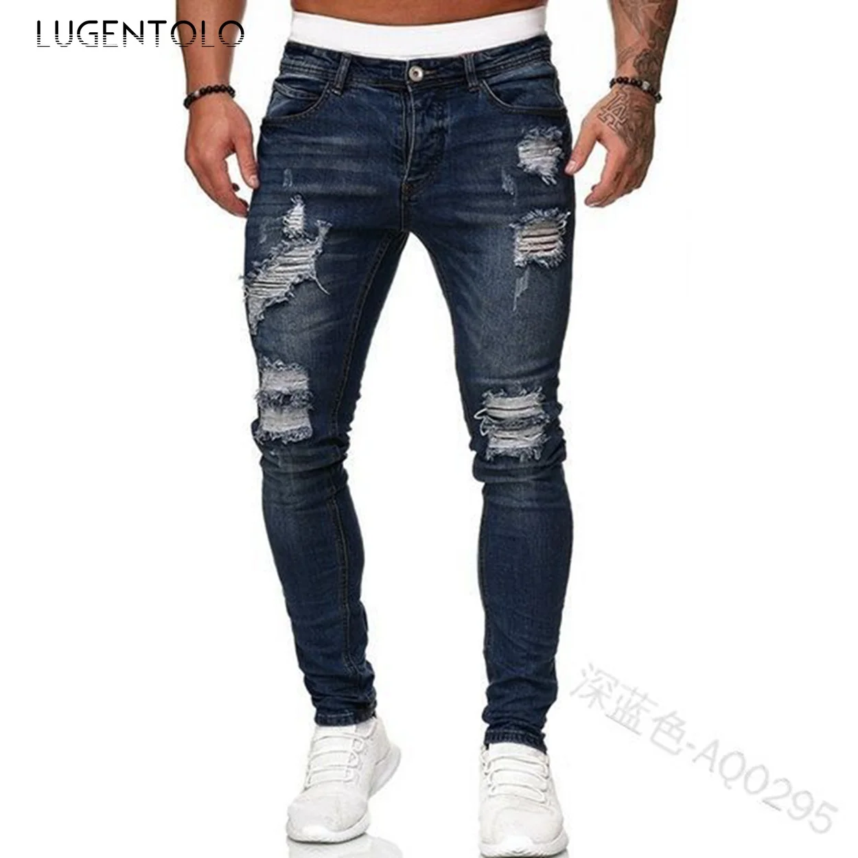 Men Skinny Jeans Elasticity Casual Trousers Fashion Ripped Mid Waist
