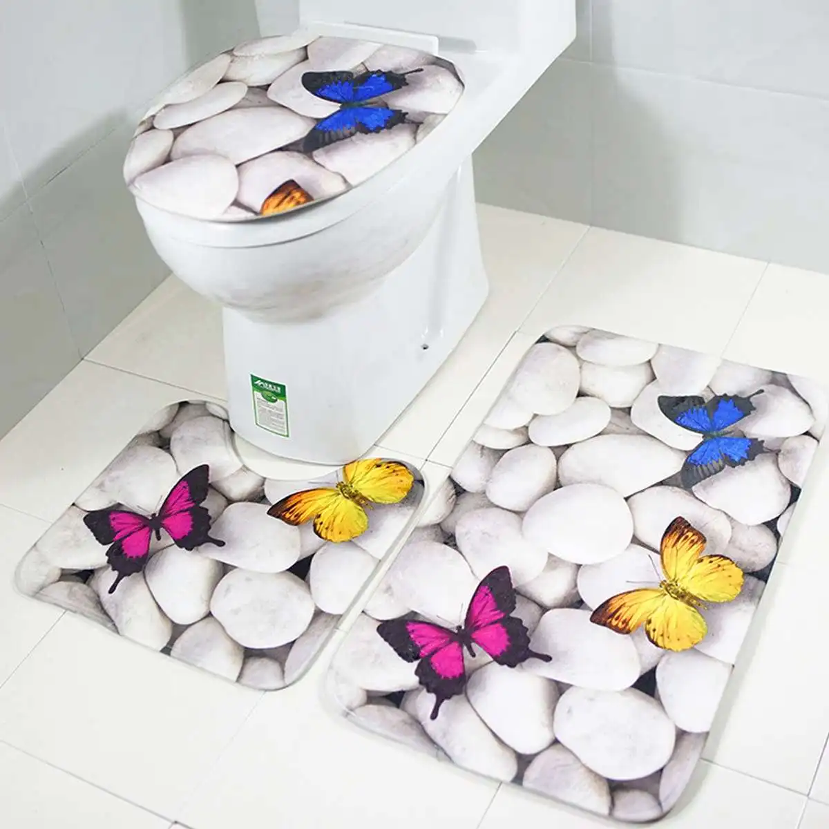1/3/4PCS waterproof bathroom Printed butterfly stone anti-slip mat set toilet cover home decoration bathroom mat shower curtain