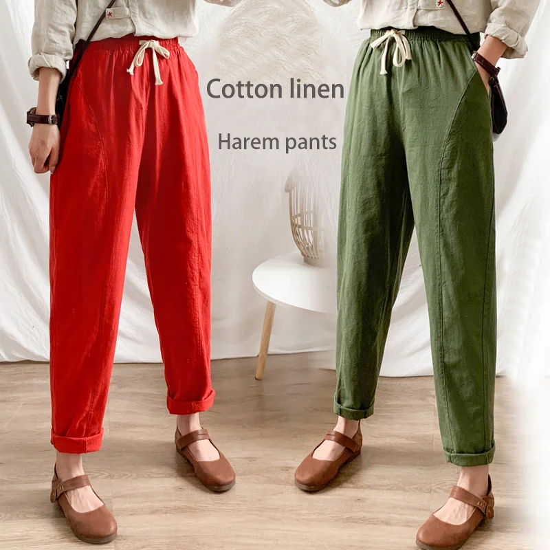 Summer Women&amp#39s Pants Cotton Linen Large Size Casual Loose Ankle-length Capri Drawstring Harem Wide Trousers | Женская одежда