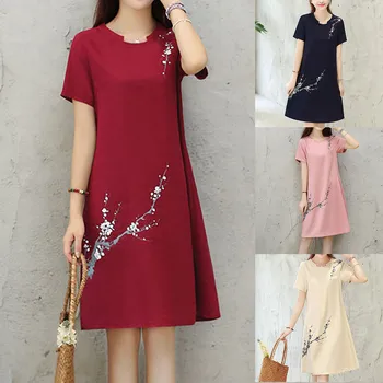 

New Arrivals 2020 Robe Femme Summer Dress Women Casual Cotton Linen Round Neck Short Sleeve Loose Print Dress Vestidos*