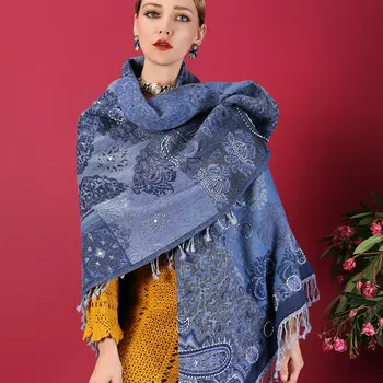 

Blue Oversize Scarves Cachecol Feminino Women Embroidery Shawls Artificial Cashmere Autumn Winter Thick Imitation Cashmere