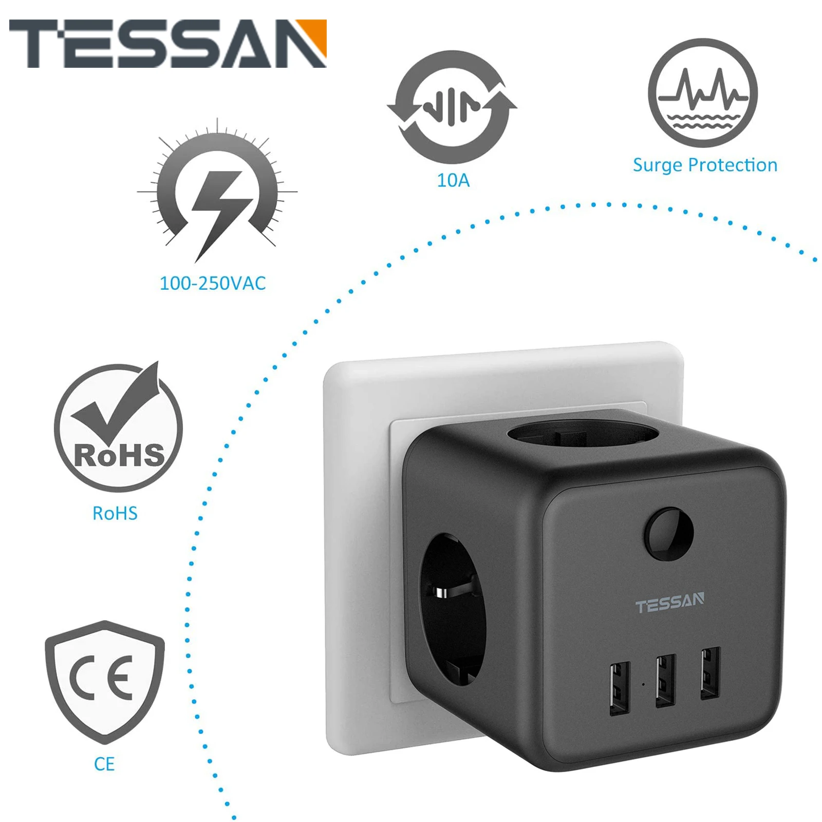 TESSAN-regleta de enchufes USB de cubo negro con interruptor, enchufes de 3  vías (2500W / 10A) y 3 puertos USB para el hogar, la Oficina y los viajes