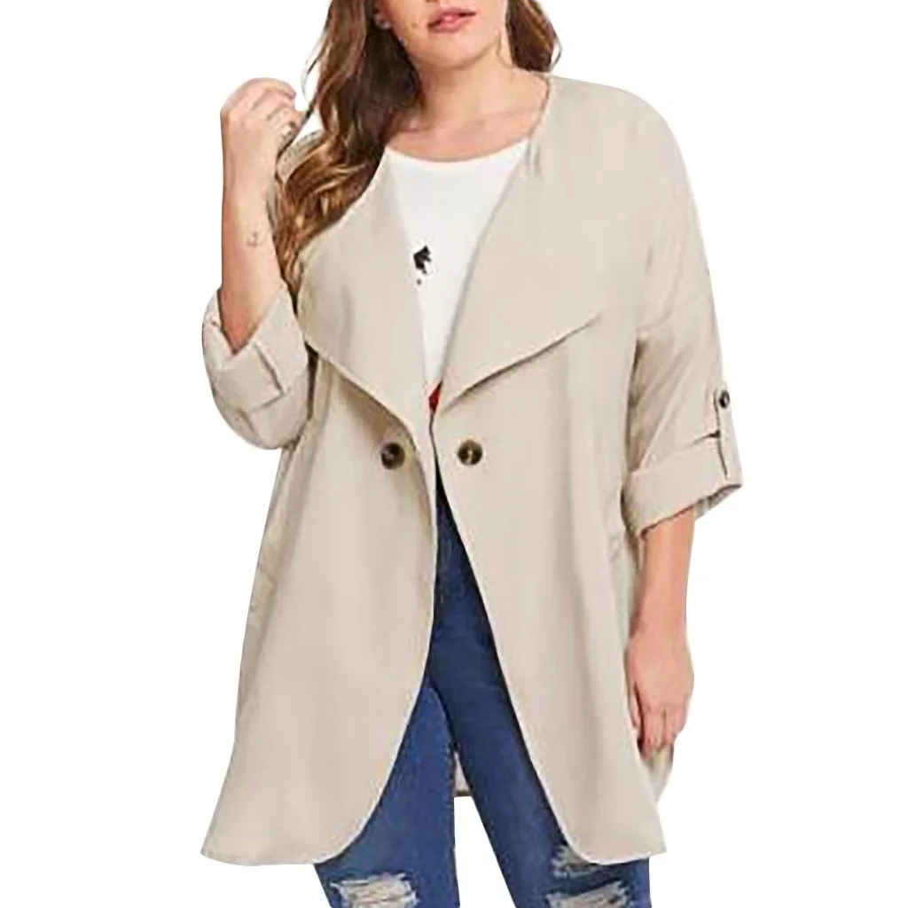

Fashion Women Casual Plus Size Solid Color Loose Long Sleeve Button Tops Coat Solid Color Trench Belt Slim Tops Coat Y829