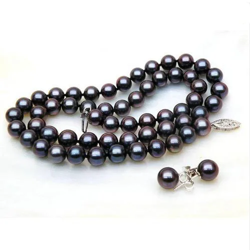

Unique Pearl Jewelry Set 7-8mm Black Blue Color Real Freshwater Pearl Necklace Earrings Fine Jewelry Handmade Classic Women Gift
