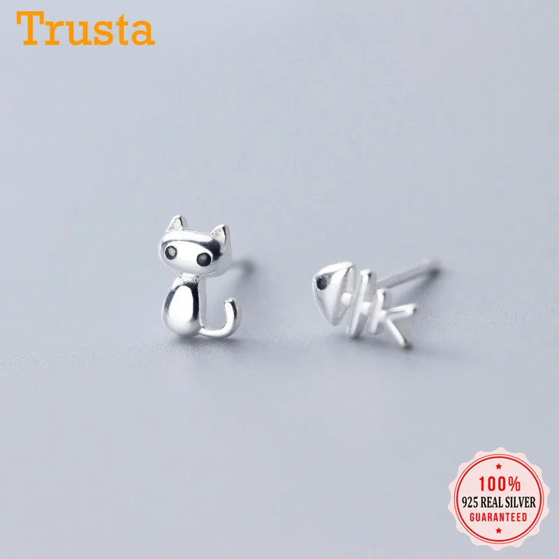 Trustdavis, натуральная 925 пробы, серебряные, сладкие, асимметричные, кошка, рыбья кость, CZ, серьги-гвоздики для женщин, свадебные украшения, подарок DS2174