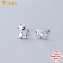 Trustdavis, натуральная 925 пробы, серебряные, сладкие, асимметричные, кошка, рыбья кость, CZ, серьги-гвоздики для женщин, свадебные украшения, подарок DS2174