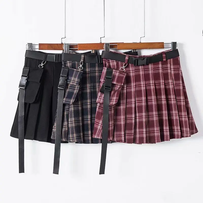 

2019 Spring Summer Fashion High-waisted Belt Workwear Pocket Pattern Extra Short Mini Pleated Skirt WOMEN'S Dress Skirt