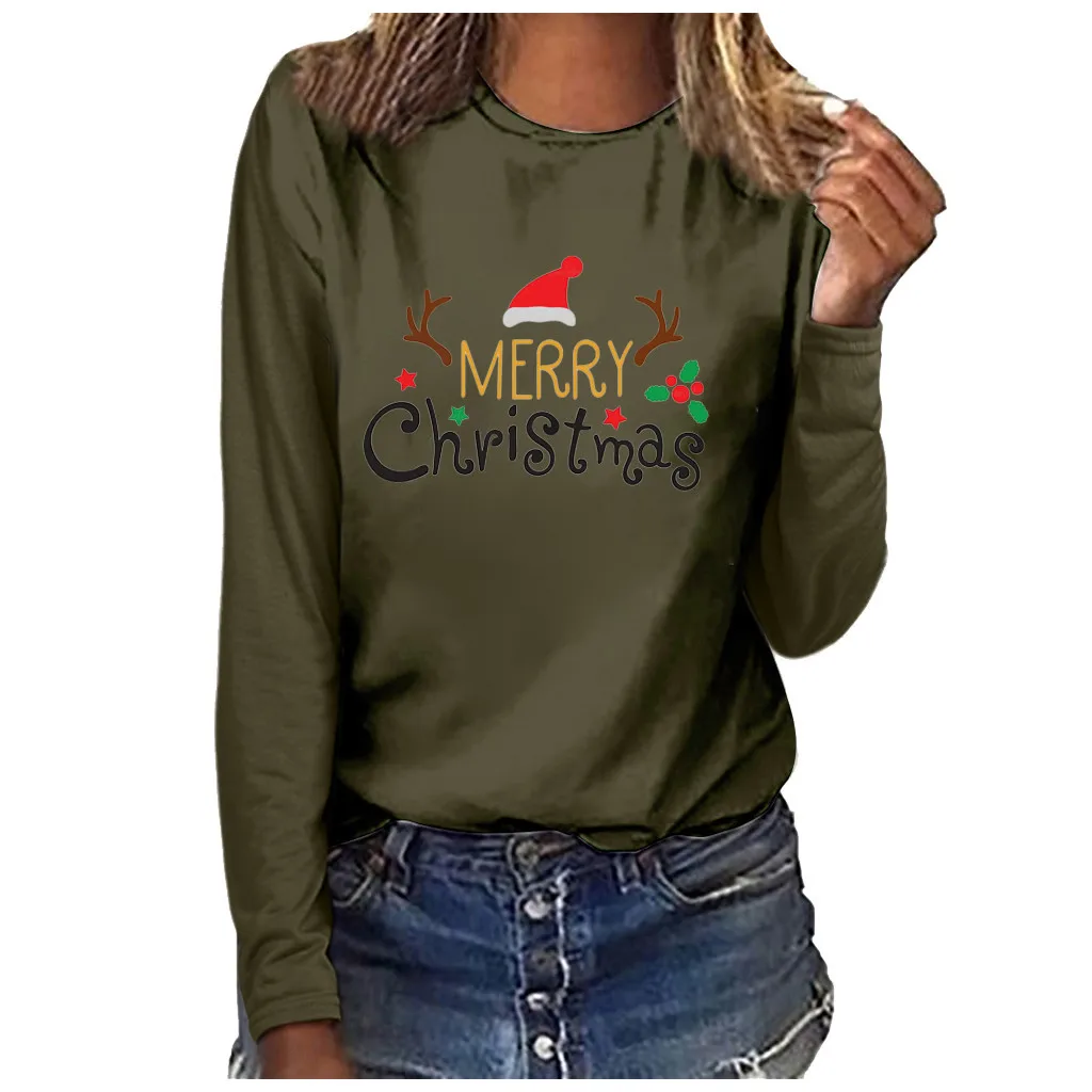 Merry Christmas, женская футболка, плюс размер, с буквенным принтом, длинный рукав, базовая футболка, топы, Женская рождественская Праздничная футболка, Magliette Donna