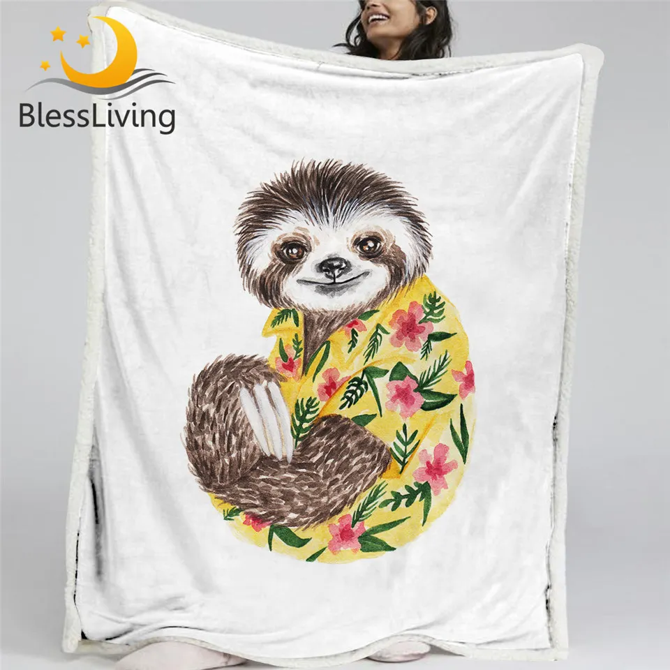 

BlessLiving Sloth Throw Blanket Floral Flower Soft Blanket for Kid Yellow Brown Sherpa Fleece Blanket Cartoon Animal Cobertor