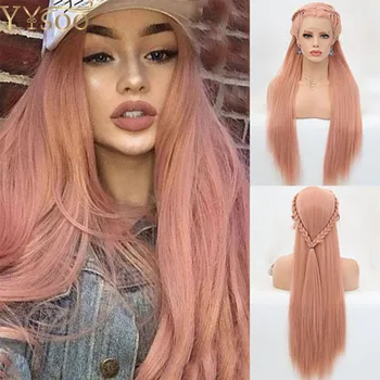 

YYsoo Natural Pink Lace Front Replacement Wigs Silk Straight Heat Resistant Synthetic Hair Free Parting Wig for Women