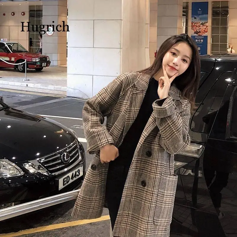 

2020 New Plaid Woolen Women Jacket Thick Office Lady Pockets Work Coat Ladies Loose Double Breasted Outerwear Tops