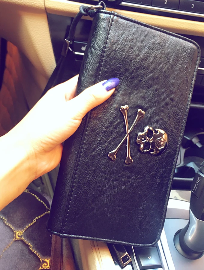 Wallet retro punk skull and crossbones clutch raindrop pattern color changing PU leather women wallet