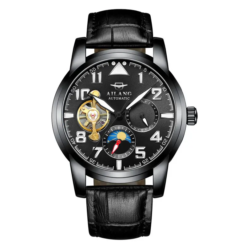 Модные мужские часы AILANG, Топ бренд, роскошные часы с каркасом турбийоном, мужские спортивные автоматические механические часы из нержавеющей стали - Цвет: Leather Black