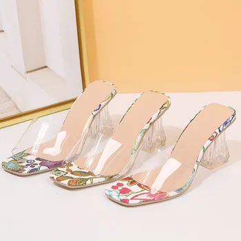 

Big Size 41 42 43 PVC Jelly Slippers Open Toe High Heels Women Transparent Perspex Slippers Shoes Thick Heel Clear Beach Sandals
