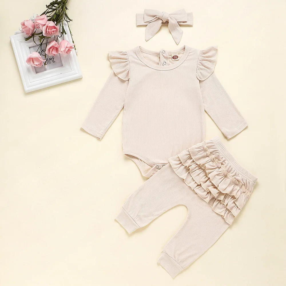 Cream-Colored Футболка с оборкой для новорожденных девочек, комбинезон, топы, леггинсы штаны, комплект одежды из 3 предметов, осенне-зимняя одежда с длинными рукавами, D20 - Цвет: Cream-Colored