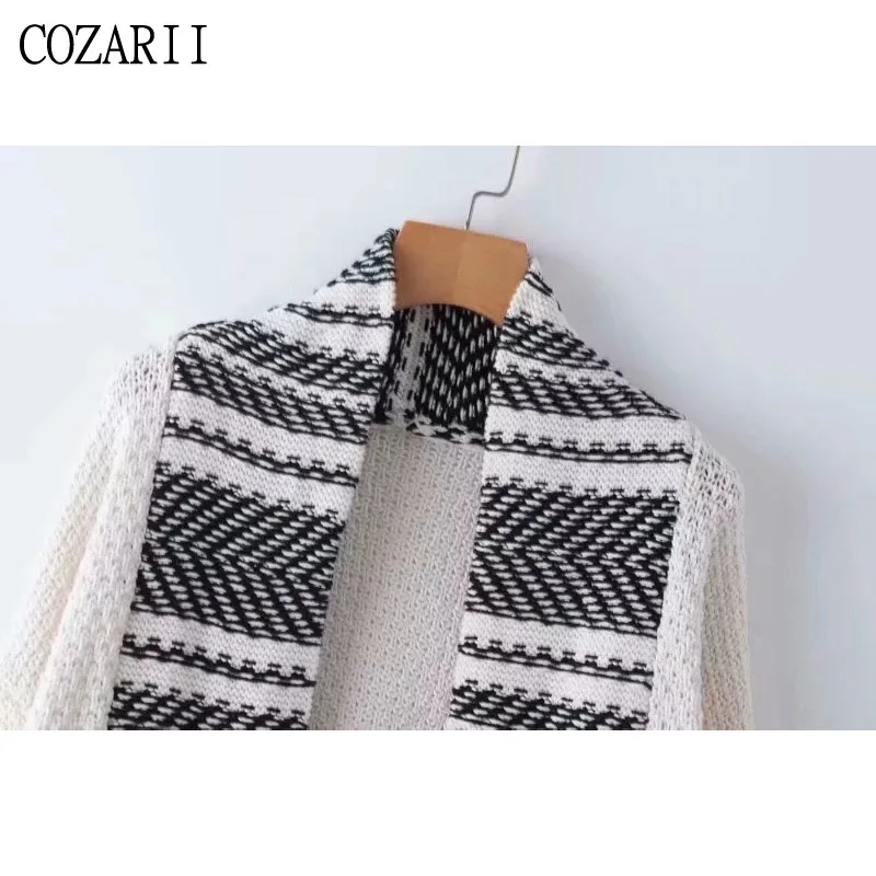 COZARII, новинка, весна-осень, свитер для женщин, повседневный стиль, полосатый узор, трикотаж, длинный рукав, длинный кардиган, свитера, женские топы