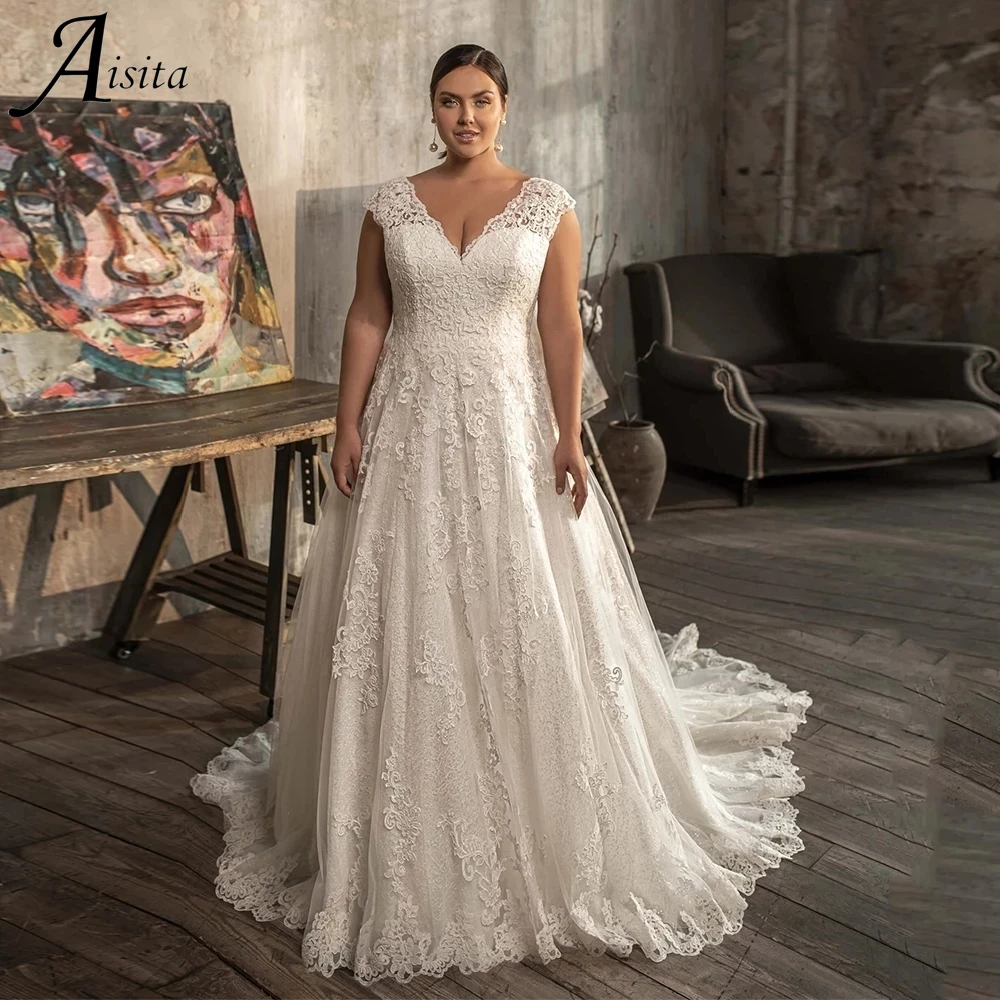 Plus Size Modest A-line Wedding Dresses 2022 Lace Appliques Bride Dresses V Neck Lace-up Corset Back Bridal Gown robe de mariée off the shoulder wedding dress