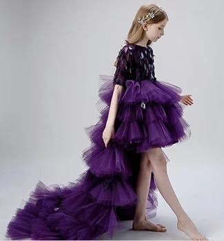 

Romantic Purples Girls Clebration Dresses With Long Train Purple Girls Birthday Celebration Dress Long Train Custom Half Sleeve