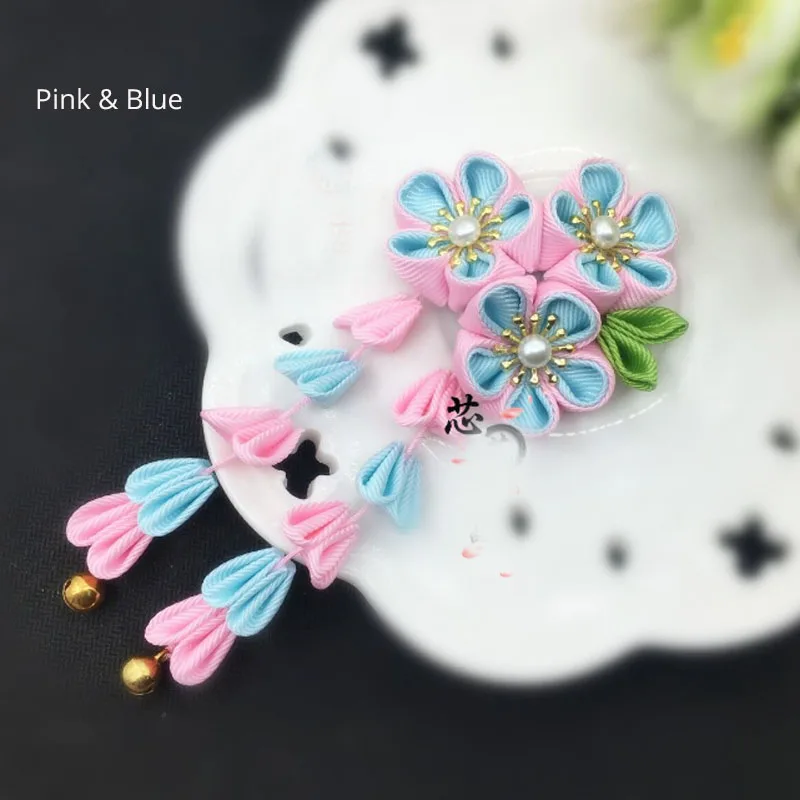 Tsuami Kanzashi, японский стиль, розовая, красная роза, кисточки, Сакура, цветочное кимоно, аксессуар, ручная работа, заколка для волос, заколка, головной убор HW041 - Цвет: PinK and Blue