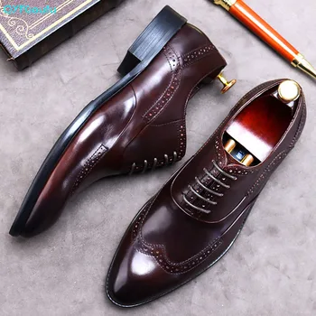 

QYFCIOUFU 2020 Genuine Cow Leather Men Formal Shoes Brogue Elegant Classic Business Wedding Italian Brand Mens Dress Shoes