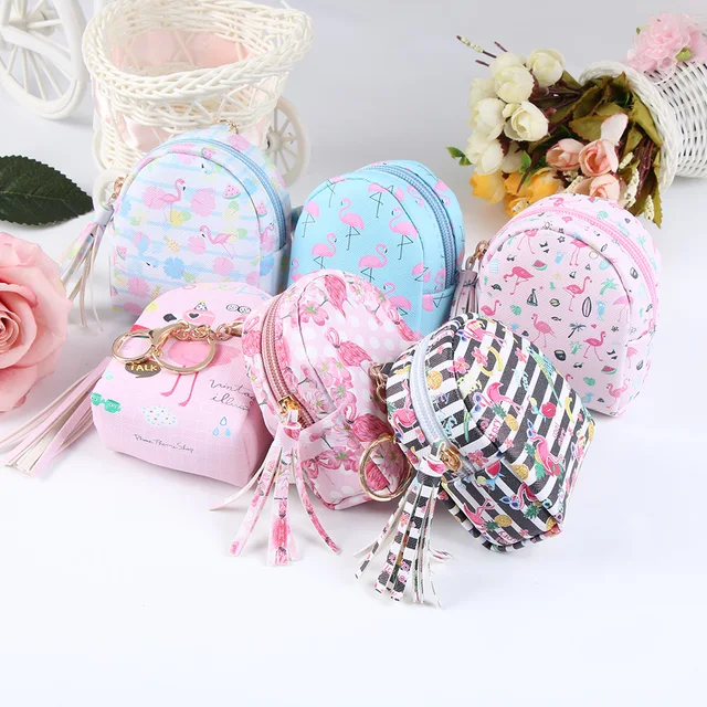 Cartoon Tassel Mini Back Pack Coin Purse Women Earphone Headset Coin Bag Pouch for Kids Unicorn Keychain PU Zipper Small Wallet 2