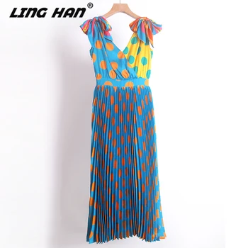 

LINGHAN Fashion Designer 2020 Spring Summer Dot Print Pleated Midi Dress Women Print Sexy V-neck Holiday Elegant Dresses