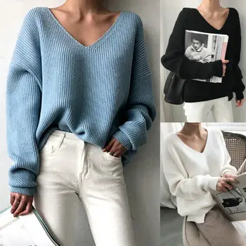 

Women Casual One Size Winter Sweater Long Sleeve Knitted Deep V Neck Sweater Knitwear Jumper Outwear Tops Pullover