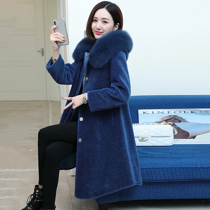 Women Autumn Winter Real Fox Fur Collar Natural Sheep Shearing Fur Coat Female Genuine Lambswool Jacket Abrigos Mujer N252