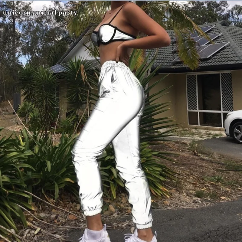 

All seasons women's hip hop reflective running night flash jacket girdle feet in the night glare elastic slacks for women
