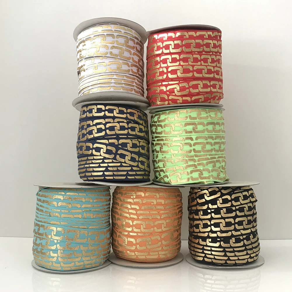

David accessories 50yard/roll 5/8" 16mm Geometric Printed Gold Foil Elastic Ribbon DIY Bow Bag Material Home Decoration,50Yc6593