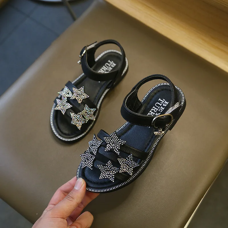 2020New Big Girls Sandal Rhinestone Stars Kids princess Shoes child Kids Sandal Girls Black Pink White 4T 5T 6T 7T 8T 9T 10T-14T