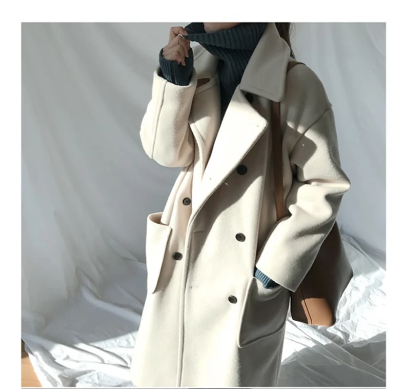 Новое поступление, шерстяное пальто из смешанной ткани на весну и зиму, теплая верхняя одежда, длинное корейское пальто для женщин, элегантное двубортное шерстяное пальто