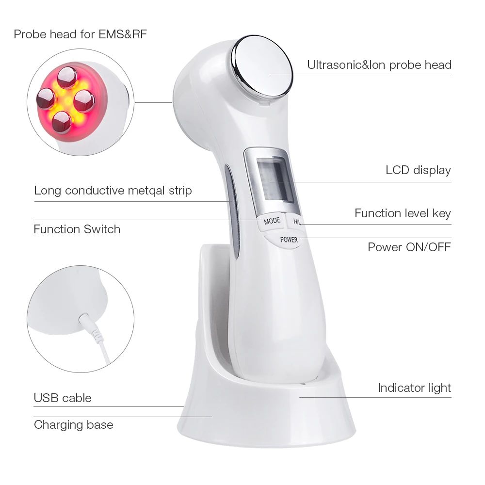 Billige 6 in 1 LED RF Photon Therapie Gesichts Haut Lifting Verjüngung Vibration Gerät Maschine EMS Ionen Mikrostrom Mesotherapie Massager