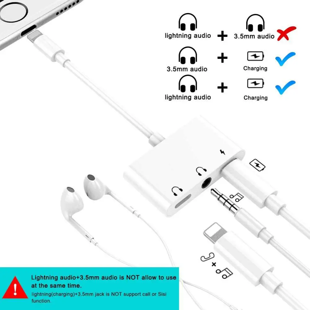 3 in 1 Charging Audio Adapter Headphone Splitter for Dual Lightning 3 5mm Jack Cable Fast Charger for iPhone SE 8 7 X iOS 13