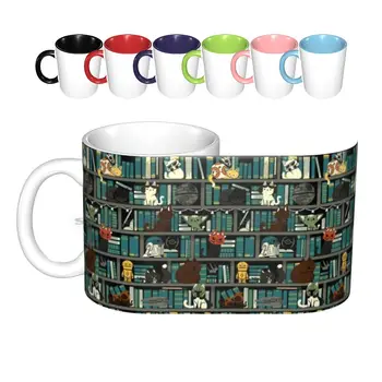 Library Kitten Wars 세라믹 머그잔, 커피 컵, 밀크 티 머그잔, Taylorross1 패턴, 고양이, 도서관 도서, 애완 동물 동물