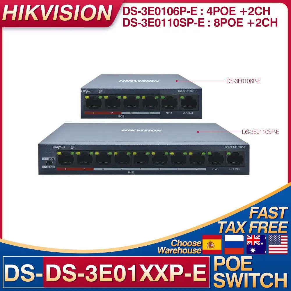 Hikvision DS-3E0106P-E (4POE+2CH) DS-3E010SP-E (8POE+2CH) POE Switch support Extend mode DC 51V IN for CCTV POE IP Camera System