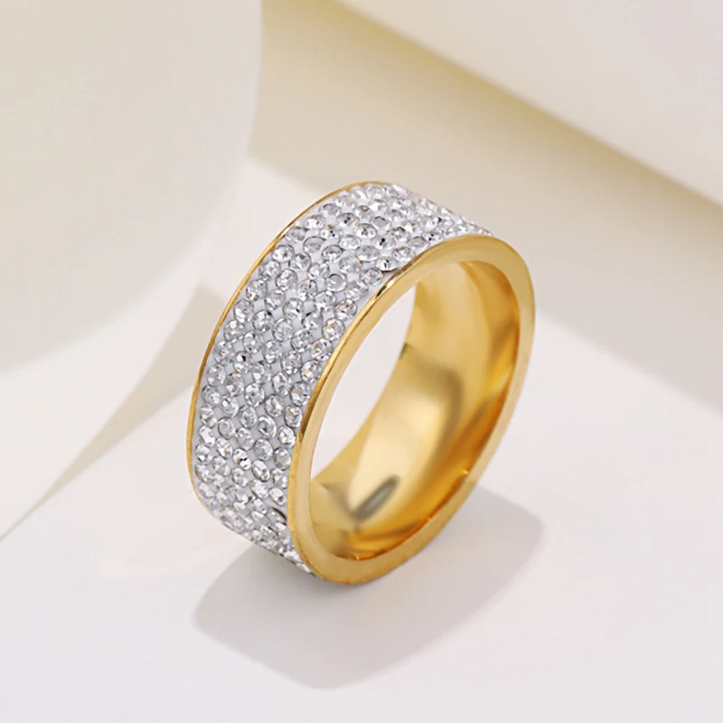 8mm Women's Full Rhinestone Shiny Wide Rings Stainless Steel Gold Silver Color for Men Hiphop Fashion Jewelry for Party WC029 gold color rings stainless steel ring finger ring gold color ring silver ring adjustable rings jewelry accessories