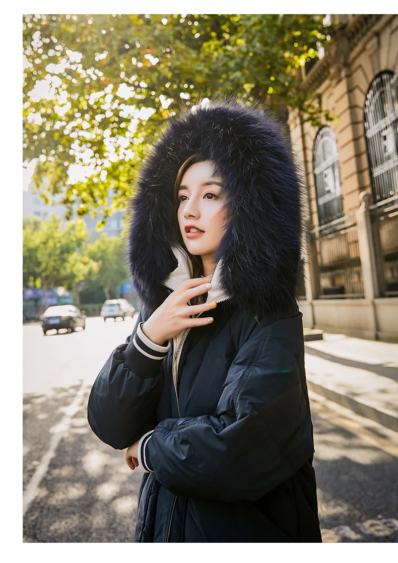Down Jacket Women's New Style Korean-style Slim Fit Slimming Mid-length over-the-Knee Hooded Thick Large Fur Collar down Fe