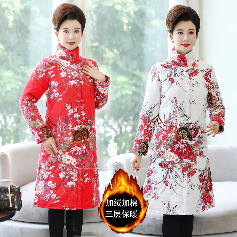 

389 # Photo Shoot 2019 Autumn And Winter Middle-aged Women Dress Cotton Linen Padded plus Velvet Cotton-padded Clothes Large Siz