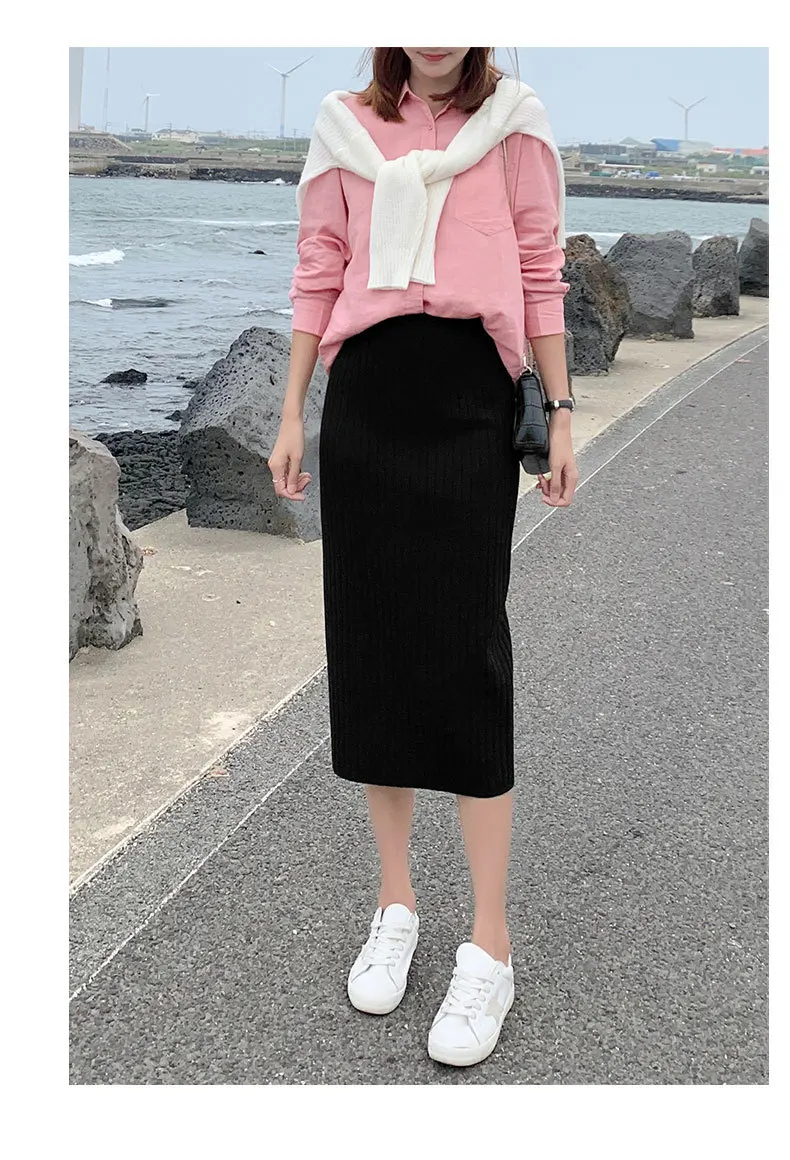 Трикотажная юбка женская осень-зима 2019 новый стиль с высокой талией средней длины универсальная для похудения черно-белая с рисунком Sli