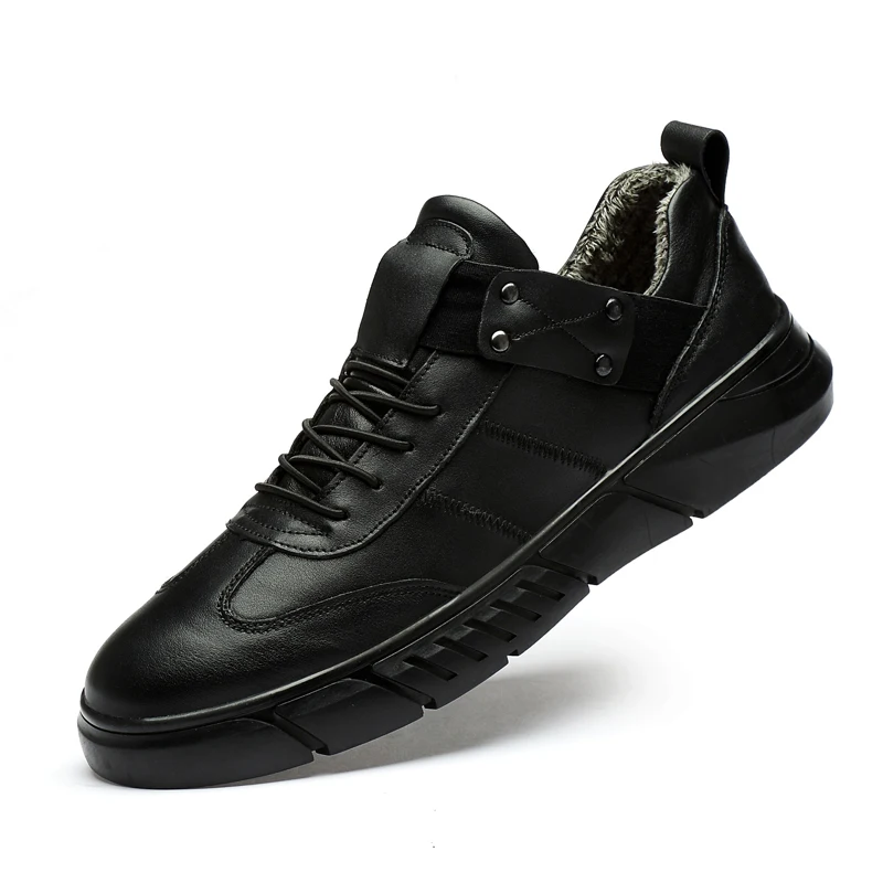 black add plush Модная мужская обувь; сезон осень-зима; повседневные мужские кроссовки из натуральной кожи на плоской подошве; классическая черная обувь; мужская обувь на платформе - Цвет: black add plush