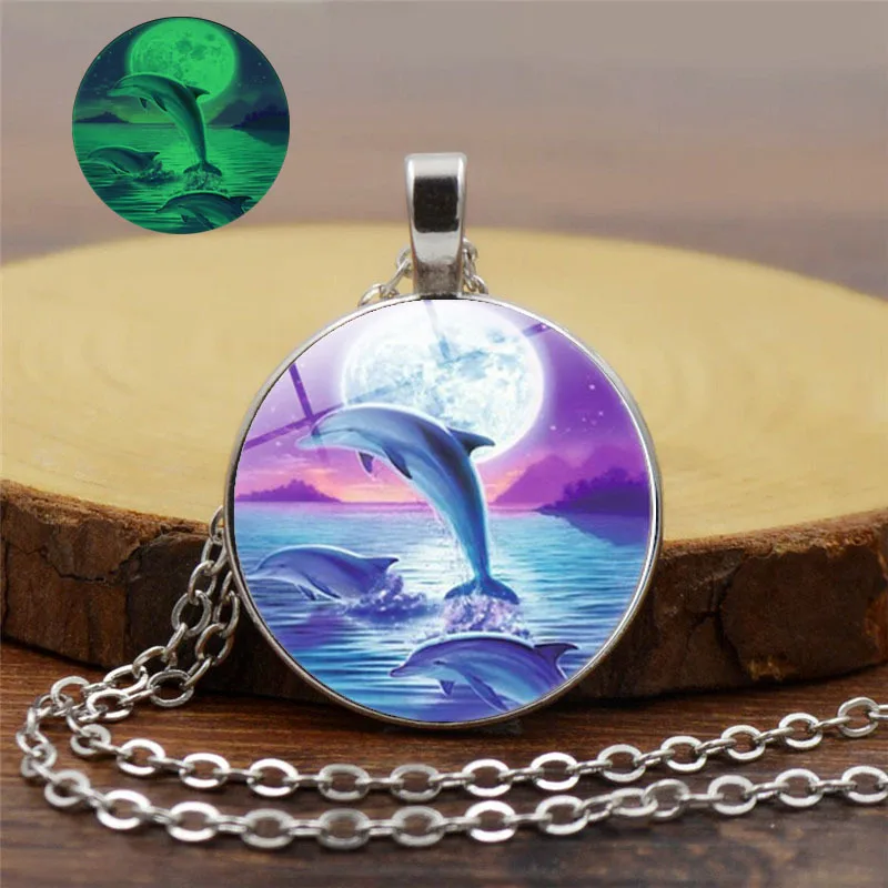 

New Cute Luminous Marine Dolphin Pattern Glass Pendant Necklace Simple Fashion Glowing Sweater Chain Jewelry for Women Men